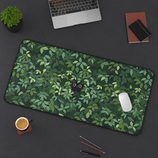 Cute Green Desk Mat, Kawaii Black Cat Mousepad, aesthetic plants nature