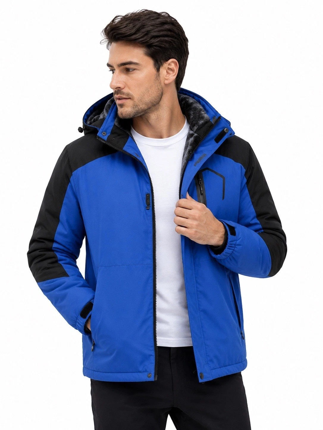 Men’s Heated Waterproof Hooded Jacket Blue Fur Lined Father’s Day Gift XL Luxe