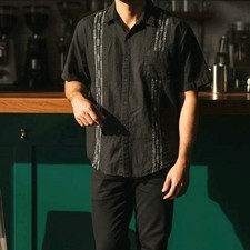 COOFANDY Men's Black Guayabera Shirt Cuban Camp Summer Beach Wedding Boho 2XL
