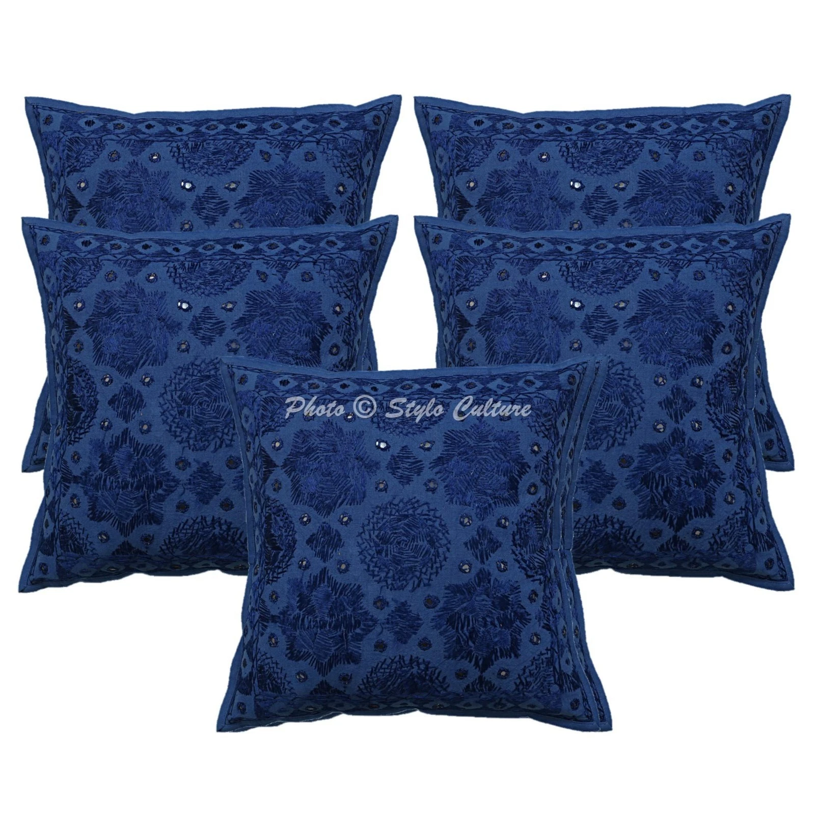 Decorative Cotton Throw Pillow Covers Embroidered Blue Mirror Star Moon 40x40 cm