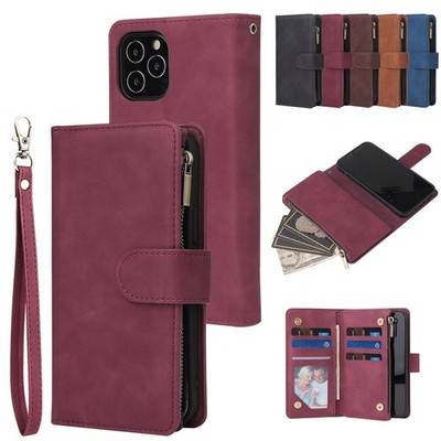 For iPhone 14 15 Plus 13 12 Pro Magnetic Leather Zipper Wallet Case Flip Cover