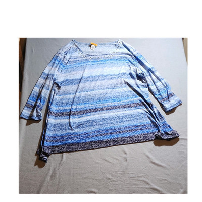 Ruby Rd. Blue White Gray Striped Knit Studded Blouse XL Round Neck 3/4 Sleeve