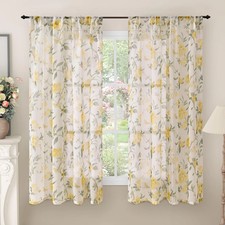 Floral Sheer Curtains for Bedroom Window 63 Inch Length 2 Panels, Farmhouse L...