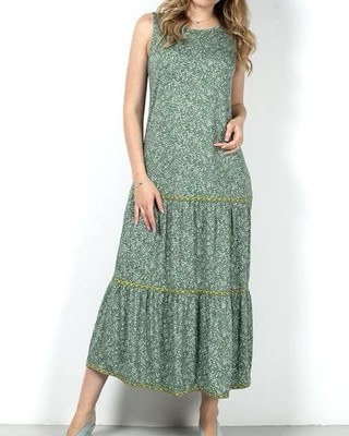 J.Jill Green Grass Fern Ditsy Tiered Mixed Print Sleeveless Maxi Dress XL Petite