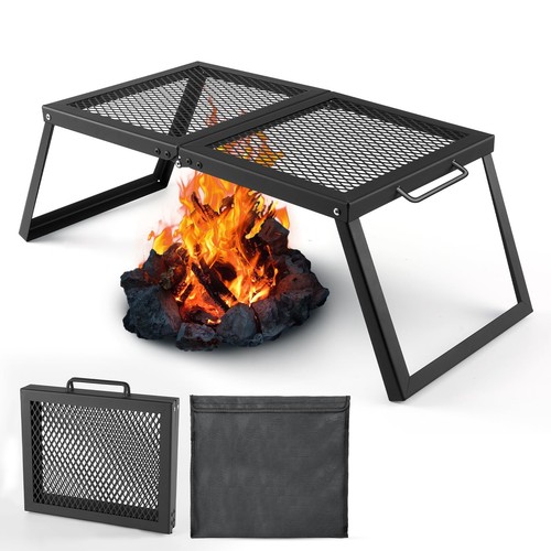 Folding Campfire Grill, Heavy Duty Steel Mesh Grate with Folding Legs and Sto...