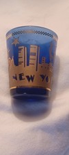 shot glass Cobalt Blue, New York Skyline Twin Towers Statue of Liberty, Gold