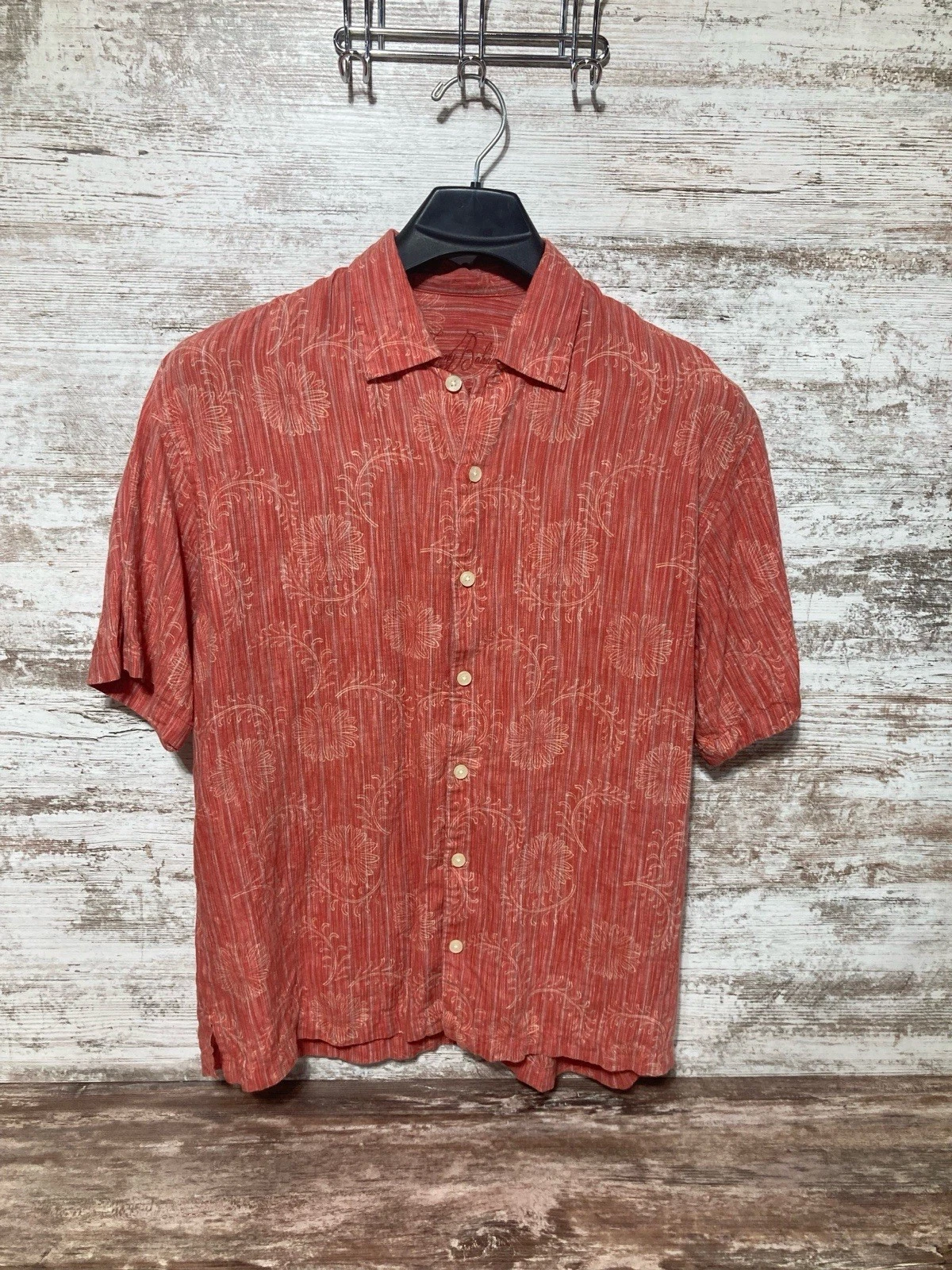 Tommy Bahama Short Sleeve Button Front Striped Floral Linen Shirt. Men's L Coral