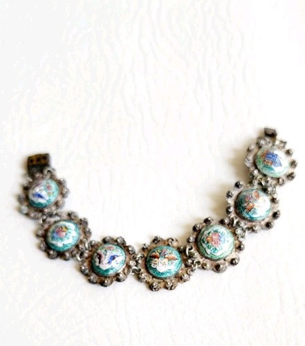 Antique 1930s Persian Sterling Hand Painted Enamel Storybook Panel Bracelet 7" - Picture 3 of 9