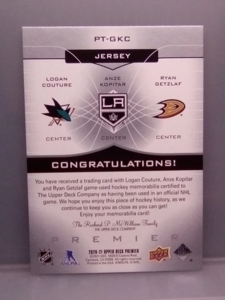2020-21Premier Triple Jersey /49 Logan Couture Anze Kopitar Ryan Getzlaf #PT-GKC - Image 2 of 4