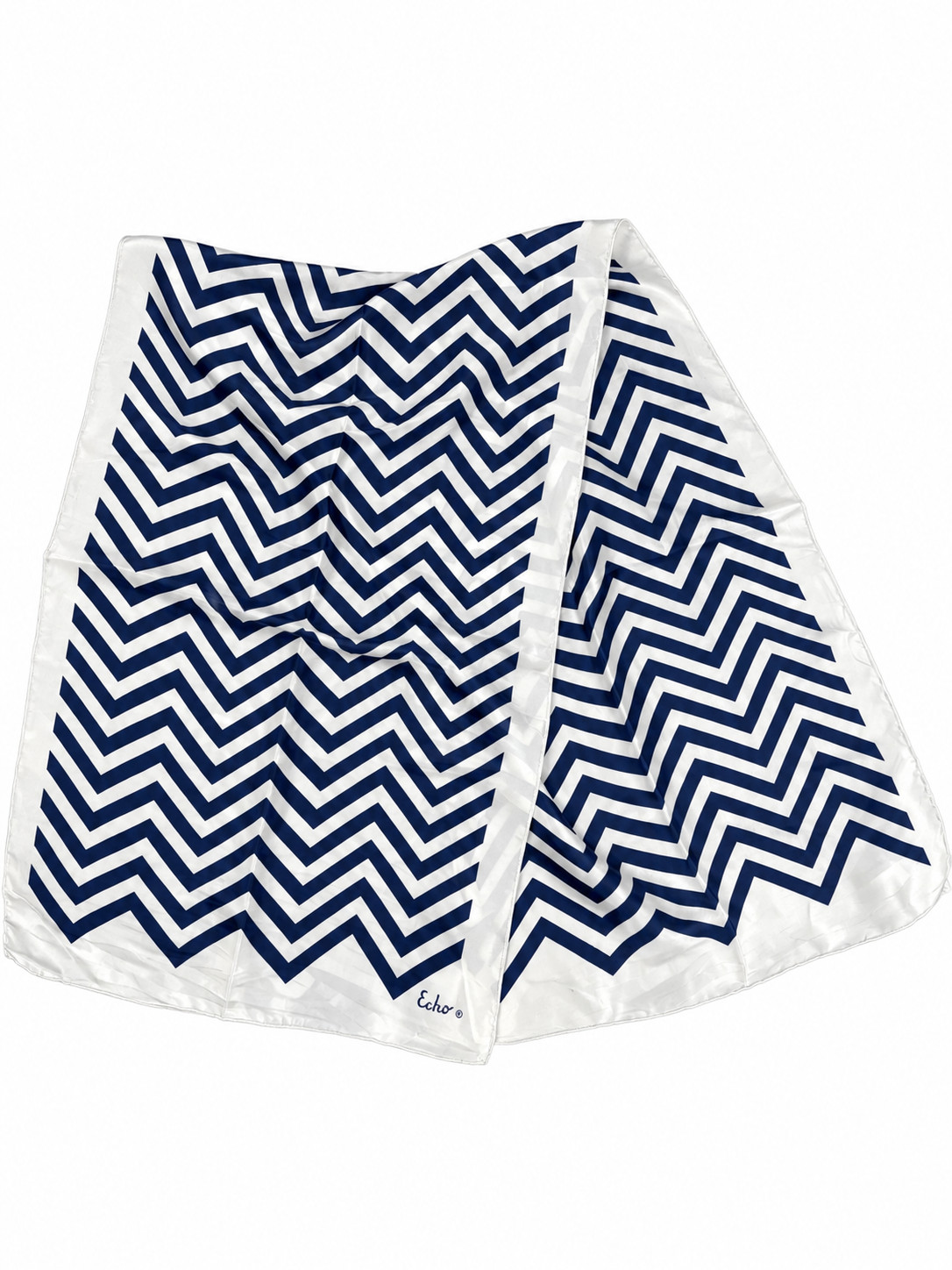 Long oblong navy and white silk scarf with a chevron stripe pattern