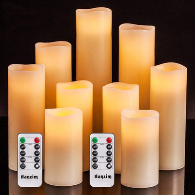 Flameless LED Candles Set of 9 Ivory Real Wax Pillar Lights with Remote Timer 4''