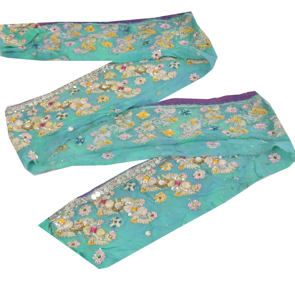 Sanskriti Vintage Sari Borde Cuentas a Mano Artesanal 1Yd Borde Decoración Encaje 4W Azul Foto 4 de 4