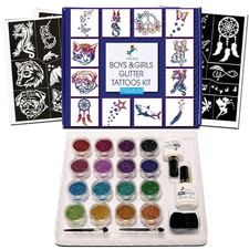 Premium Glitter Temporary Tattoo Kit for Boys and Girls, 74 Stencils, 16 Colors