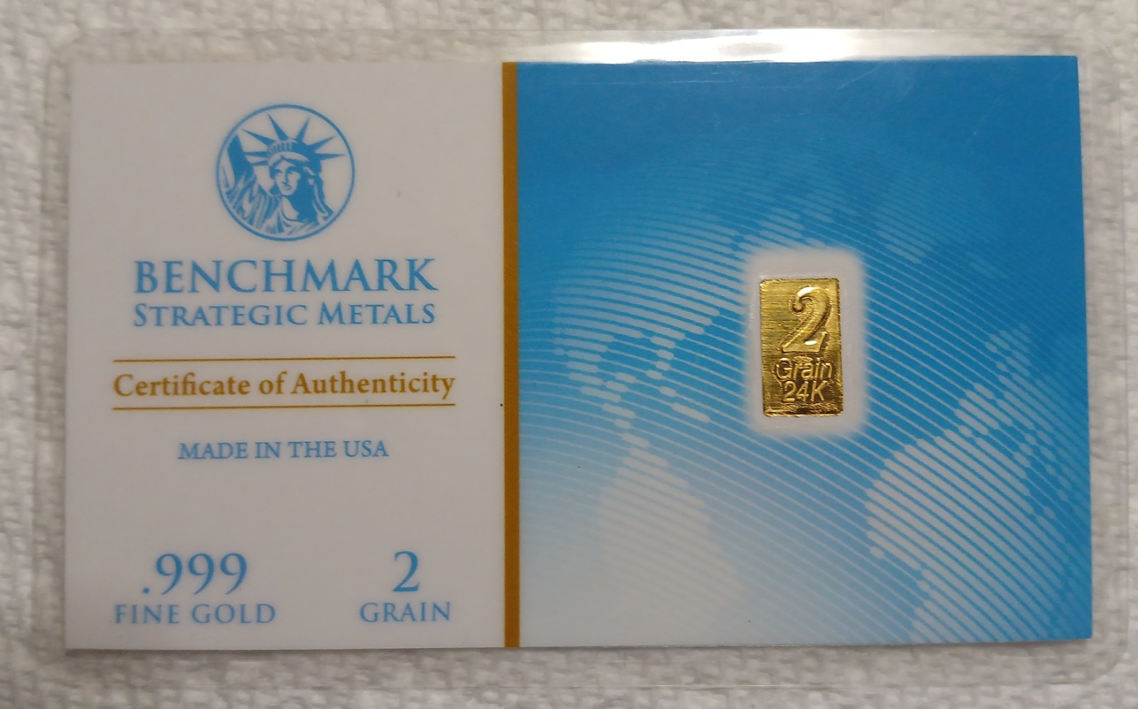 2 GRAINS GOLD BAR BENCHMARK STRATEGIC METALS CARDED 999.9% GOLD SERIAL#'S