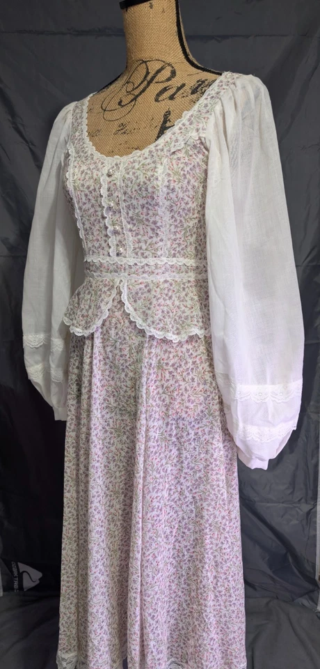 Maxi Vestido Gunne Sax Vintage Años 70 Talla 7 XXS Victoriano Calico Pradera Corsé Foto 3 de 4