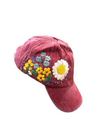 Hand Embroidered Baseball Cap Floral Design Cotton Adjustable Hat.