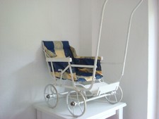 Kinder Puppenkarre Gestell verstellbar Weiß gefedert mit Bezug Gelb Blau