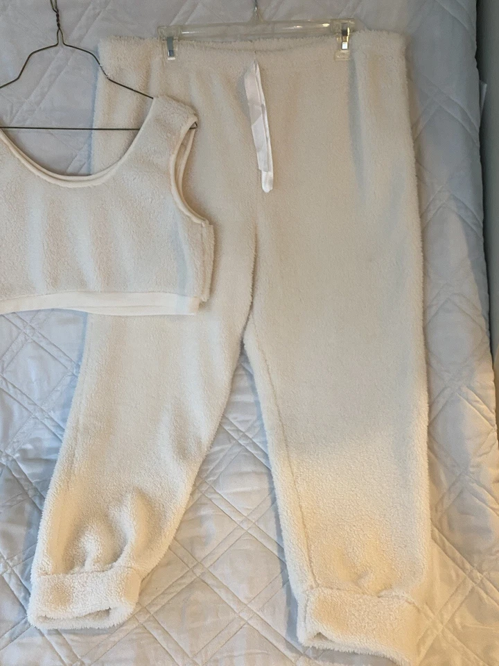 Conjunto de pijama para mujer de 2 piezas de lana suave marfil ropa de salón top corto jogger talla 2X Foto 4 de 4