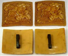 Two Antique Plastic Shoe Buckles ~ floral 2x2 inch