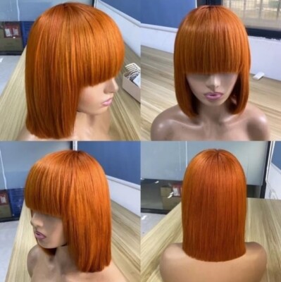 Leila Fransen kurz orange ingwer rot brasilianisch 100% Echthaar Bob Bang Perücke