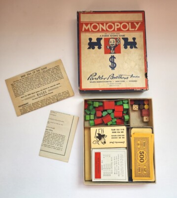 Vintage 1936 Monopoly Game Parker Brothers Blue Red Box Wooden