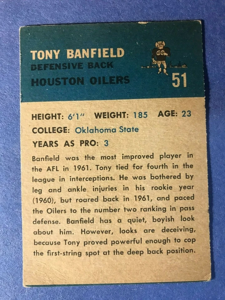 SIGNED TONY BANFIELD AUTOGRAPHED 1962 FLEER FOOTBALL CARD - HOUSTON OILERS - Image 3 of 3