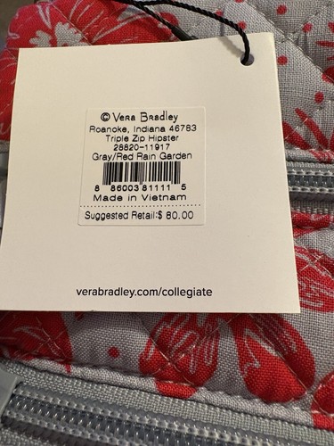 Vera Bradley Rain Garden Triple Zip Crossbody Gray & Red NEW - Picture 7 of 15