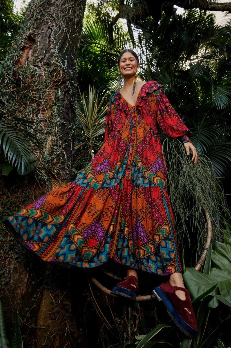 Farm Rio V-Neck Blouson-Sleeve Maxi 
