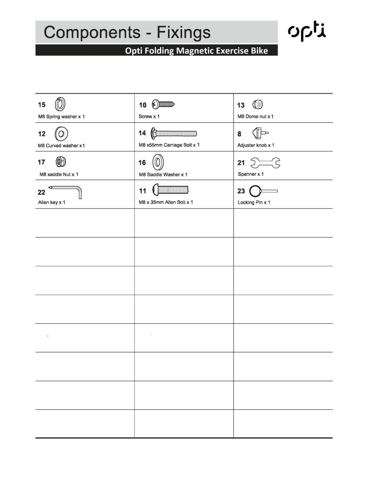 Replacement Spare Parts For Opti Folding Exercise Bike 2010A