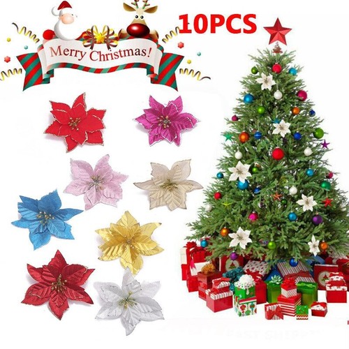 Stunning 10x Christmas Large Poinsettia Glitter Flower Set For Festive Tree