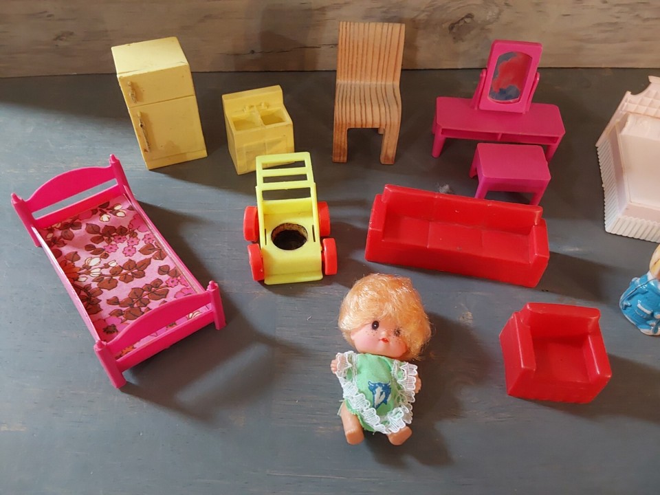 Vintage Plastic Wood Doll House Furniture Assorted Pieces With Baby