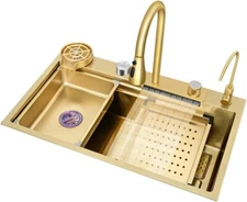 33x22 IN Gold Flying Rain Stainles Steel Watefall Kitchen Sink w PullDown Faucet