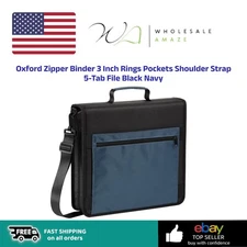 Oxford Zipper Binder 3 Inch Rings Pockets Shoulder Strap 5-Tab File Black Navy
