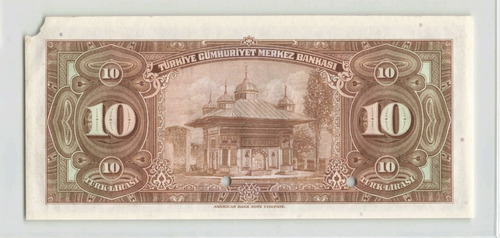 TURCHIA 10 lire 1930 (1948), P-148s SPECIMEN, inchiostro marrone, orig a/UNC, strappo angolare - Foto 2 di 2