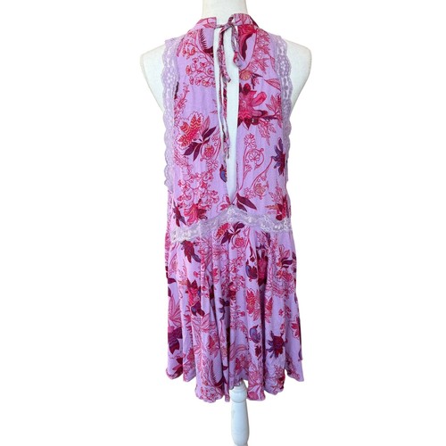 Mini Vestido Free People Lavanda Estampado Floral Encaje Borde Boho Fiesta Cubre M - Imagen 3 de 11