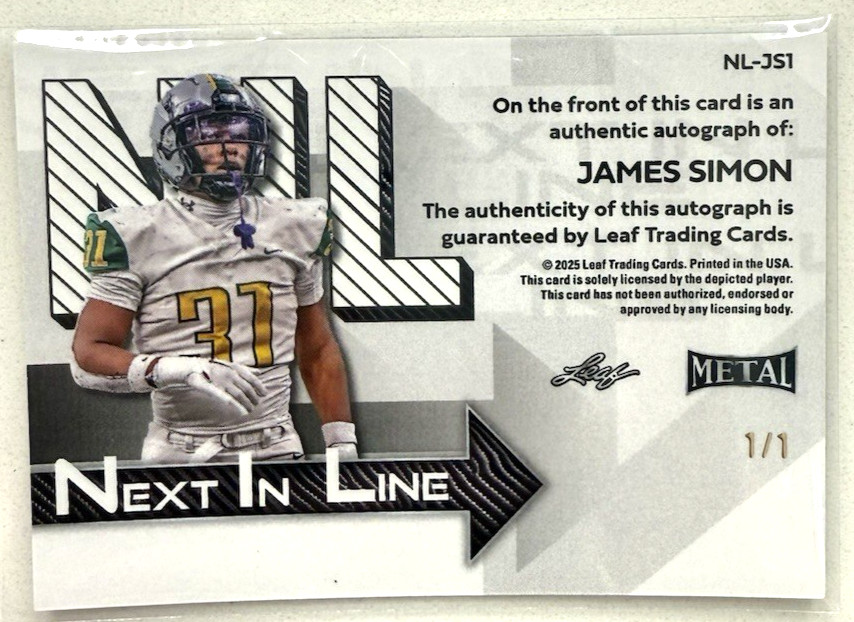 2025 Leaf Metal Football Next In Line Gold Lava Auto 1/1 James Simon #NL-JS1 view 2