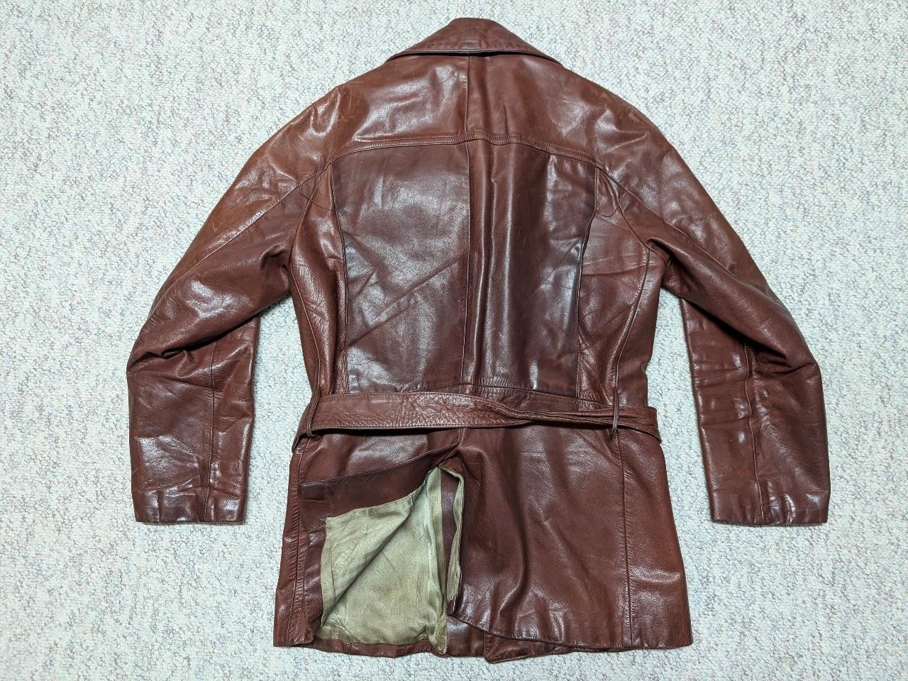 1950s vintage HORSEHIDE brown leather BELTED coat 38 jacket MOTORCYCLE norfolk - second product detail image