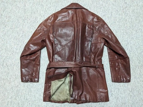 1950s vintage HORSEHIDE brown leather BELTED coat 38 jacket MOTORCYCLE norfolk image 2