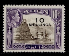 ADEN GVI SG46, 10s on 10r sepia & violet, NH MINT. Cat £45.