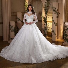 Luxury Vintage Wedding Dresses O-Neck Long Sleeve Beading Appliques Bridal Gowns