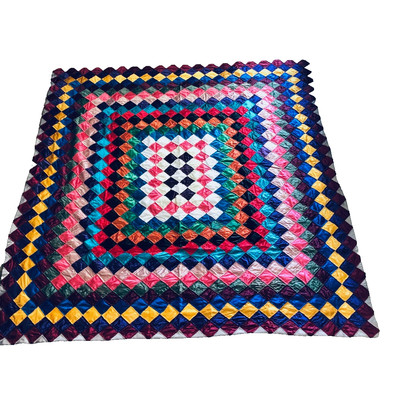Vintage QUILT TRIP AROUND THE WORLD 97'' X 91'' Vintage Harlequin Satin HANDSTITCH