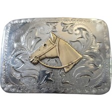 Vintage Belt Buckle Made In USA Silver Tone Brass Horse Filigree Design