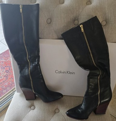 Calvin Klein Black Leather Knee-High Block Heel Boots,Fabric Interior, Zipper 8M