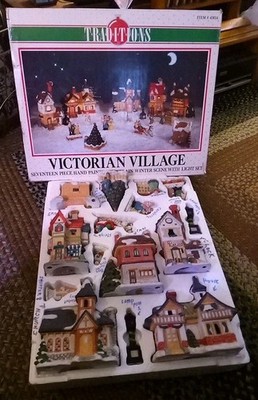 VTG 17 Piece Winter Scene Porcelain Victorian Village Missing Lights & Snow