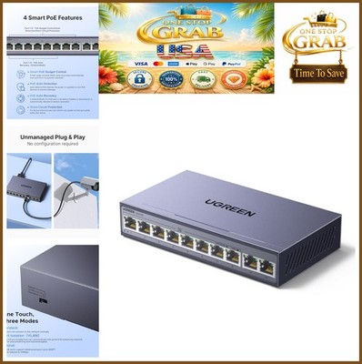 10 Port PoE Switch 8 PoE+ Gigabit 60W 2 Uplink Managed Metal Extend Mode VLAN