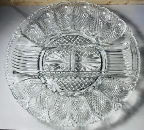Vintage 11" L E Smith Heritage Clear Glass Deviled Egg Relish Plate Dish HEAVY