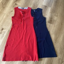 Set Of 2 Chaps Dark Blue & Red 100% Cotton Sleeveless Shirt Dress EUC Size SM