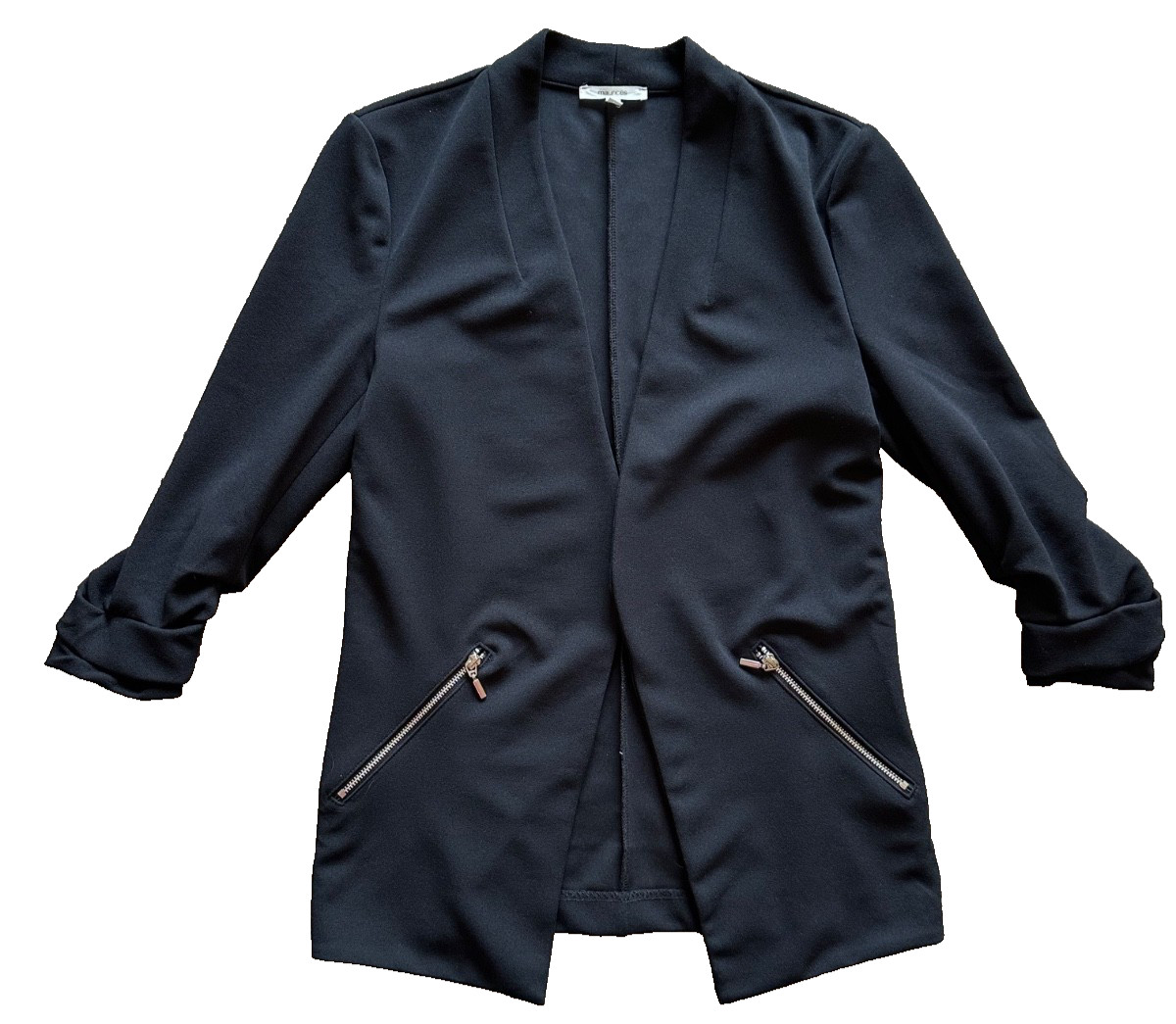 Maurices Black Blazer Jacket Coat Ruched Open Front V-Neck Zip Pocket Stretch XS