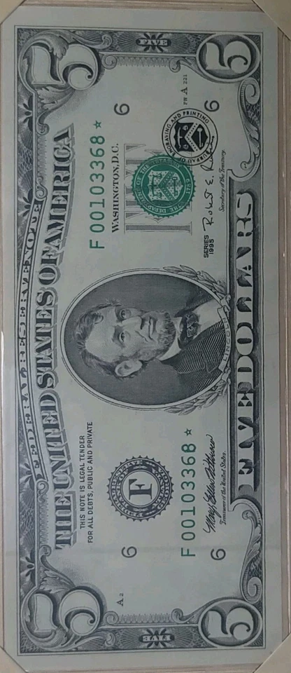 6 CONSECUTIVE 1995 $5 Star Notes Gem Crisp Uncirculated Original BEP ISSUED  - Image 4 of 4