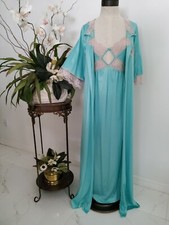 VINTAGE NIGHTGOWN ROBE IN NYLON TURQUOISE EXOTIC DESIGN MEDIUM